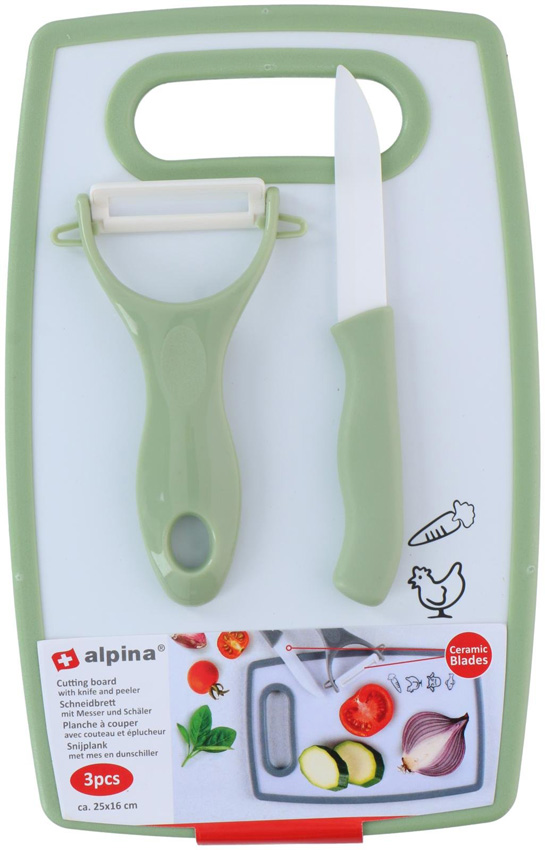 Snijplank met dunschiller en mes kunststof lichtgroen 25x16cm