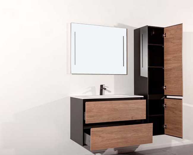 Badkamermeubel Molly houtlook hangend met enkele wastafel glanzend wit 90cm