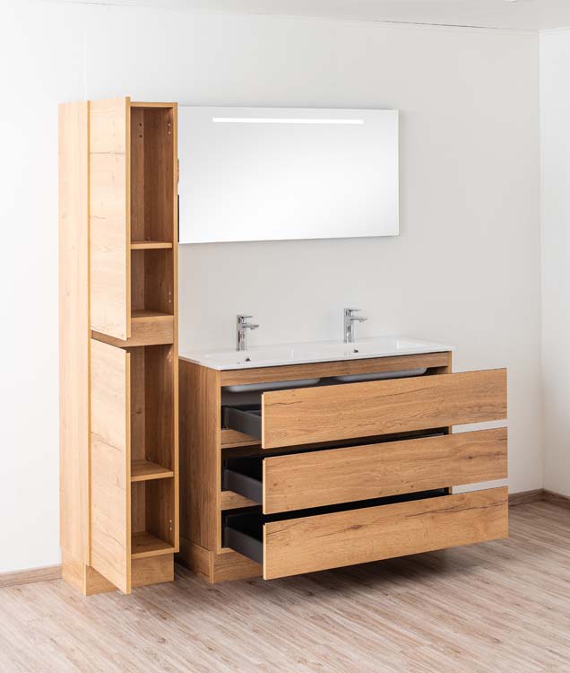 Badkamermeubel Daria eik goudbruin staand met dubbele wastafel glanzend wit 120cm