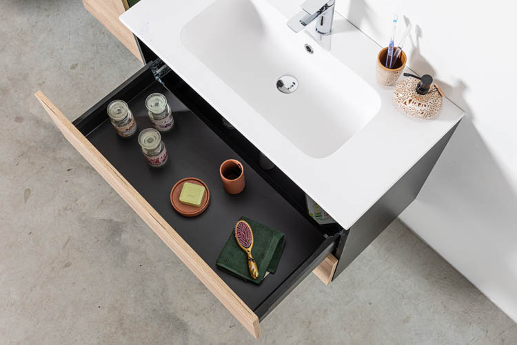 Meuble de salle de bains Dotan chêne suspendu avec lavabo simple blanc brillant 90cm