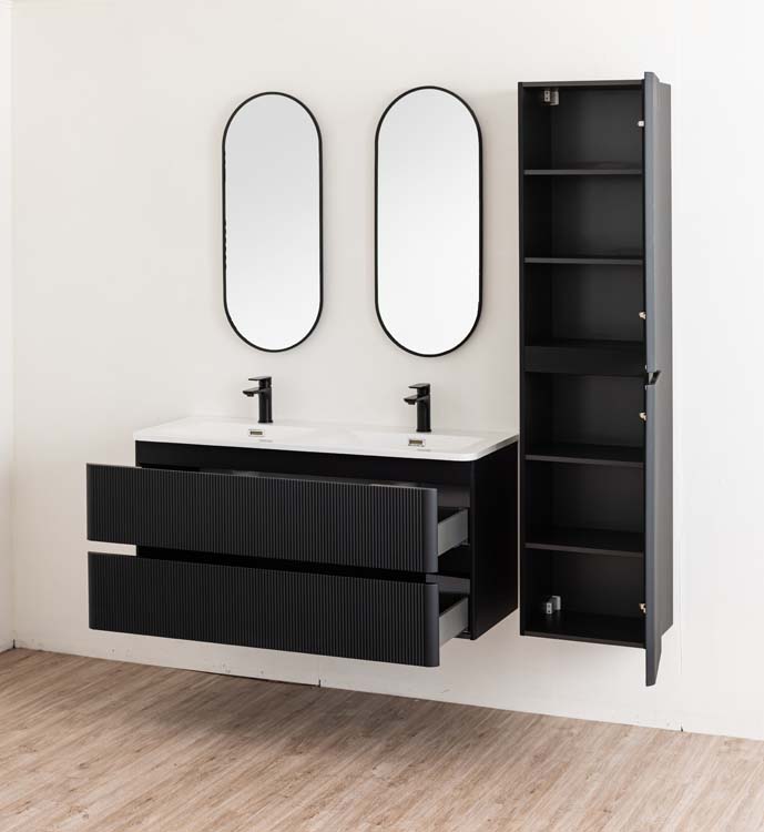 Meuble de salle de bains Julia noir mat suspendu avec lavabo double en marbre minéral blanc brillant 120cm