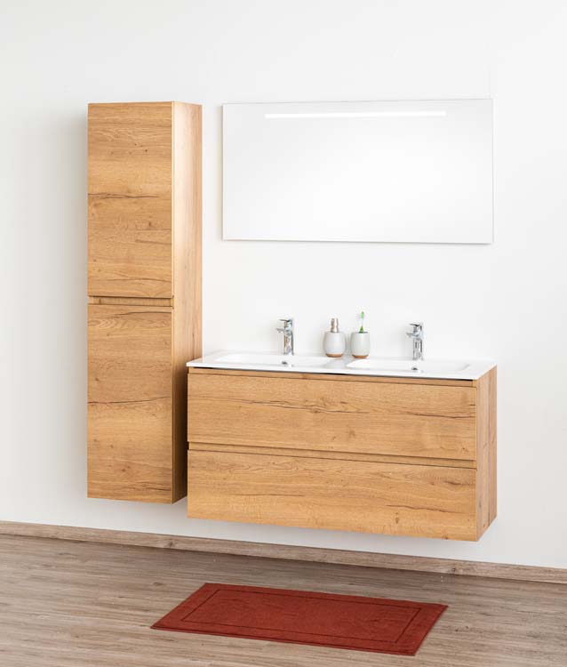 Badkamermeubel Daria eik goudbruin hangend met dubbele wastafel glanzend wit 120cm