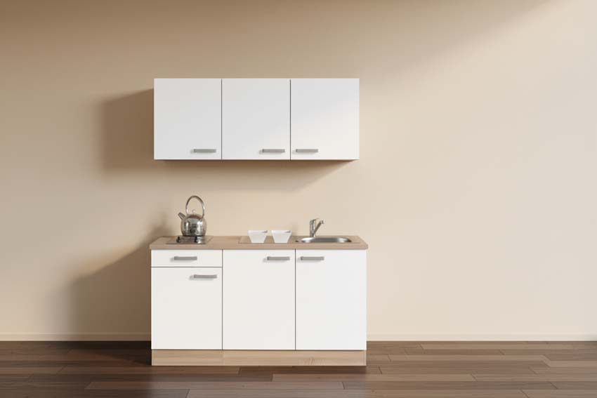 Cuisine étudiant blanc/chêne clair 150cm - plaque de cuisson en inox - sans appareils