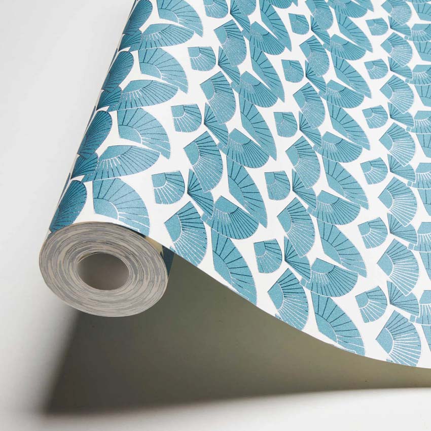 Vinyl op vliesbehang wit + waaiers blauw 0,53x10m