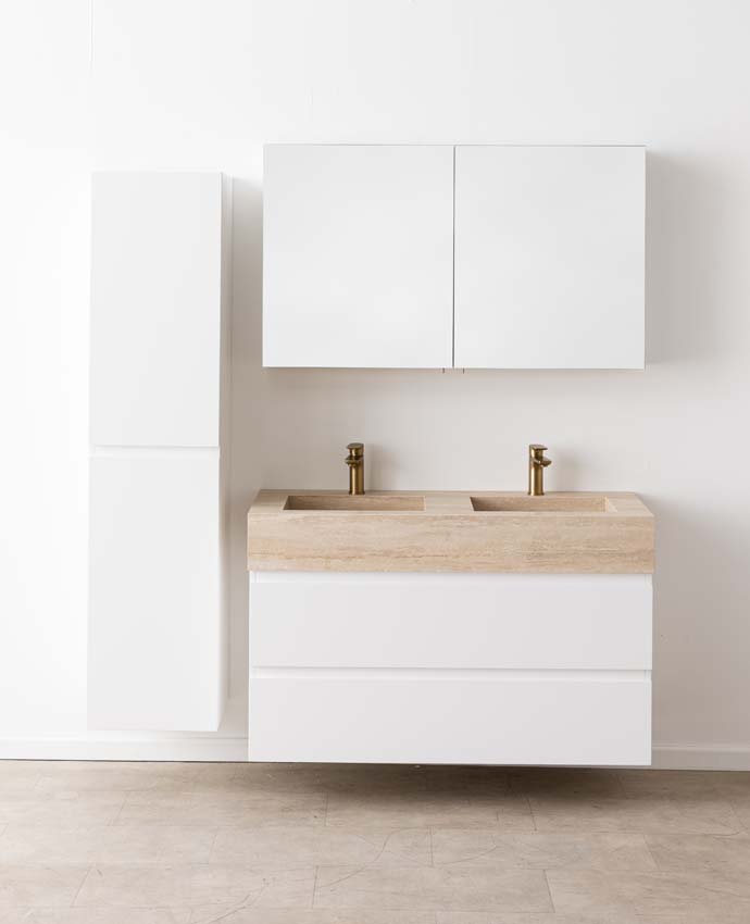 Badkamermeubel Tibo wit met dubbele brede wastafel travertinlook 120cm