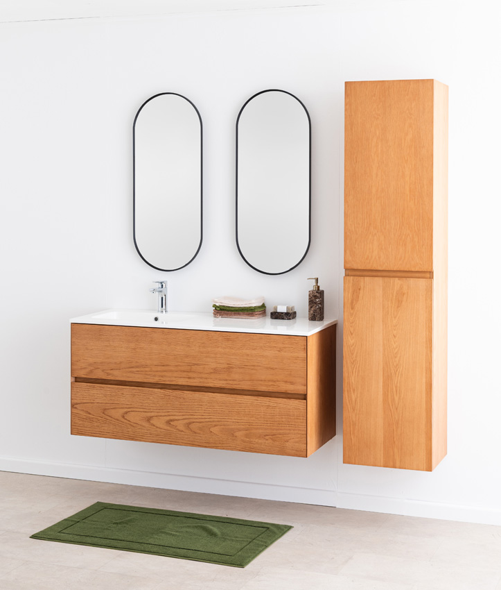 Badkamermeubel Fior eik hangend met enkele wastafel mat wit 120cm