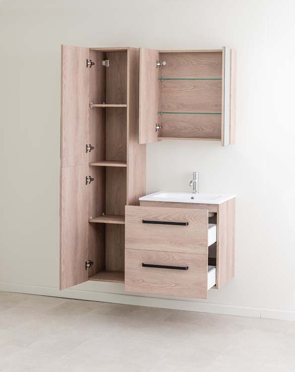 Badkamermeubel Bison eik hangend met enkele wastafel mat wit 60cm
