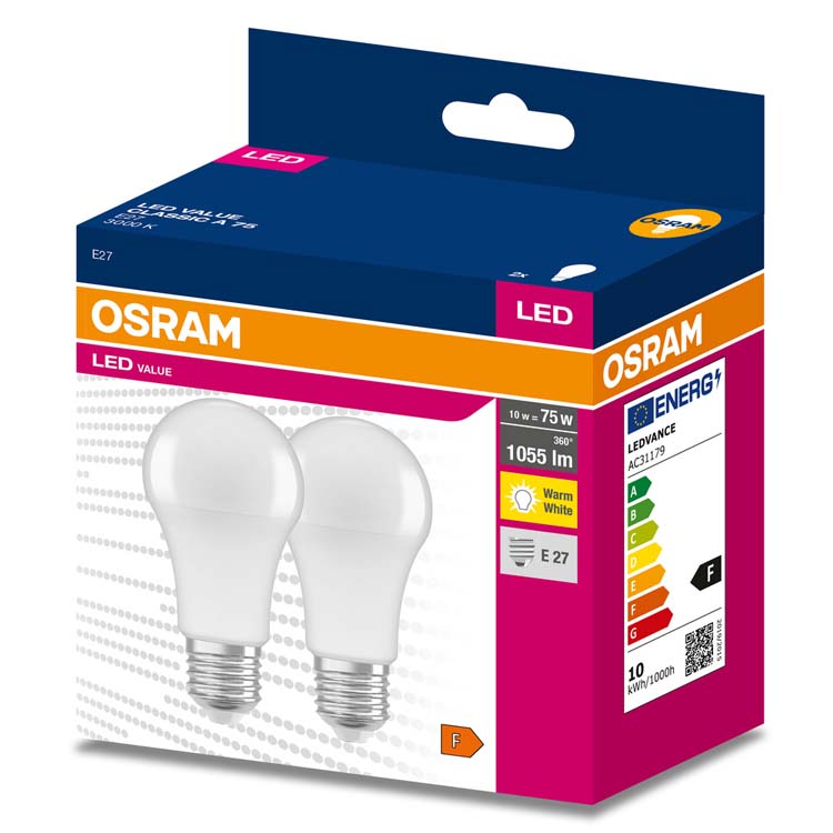 LED lamp Osram - E27 - Wit - Ø6x10,9cm - 1x10W - 1055lm - 3000K - 2 stuks LED lamp Osram - E27 - Wit - Ø6x10,9cm - 1x10W - 1055lm - 3000K - 2 stuks