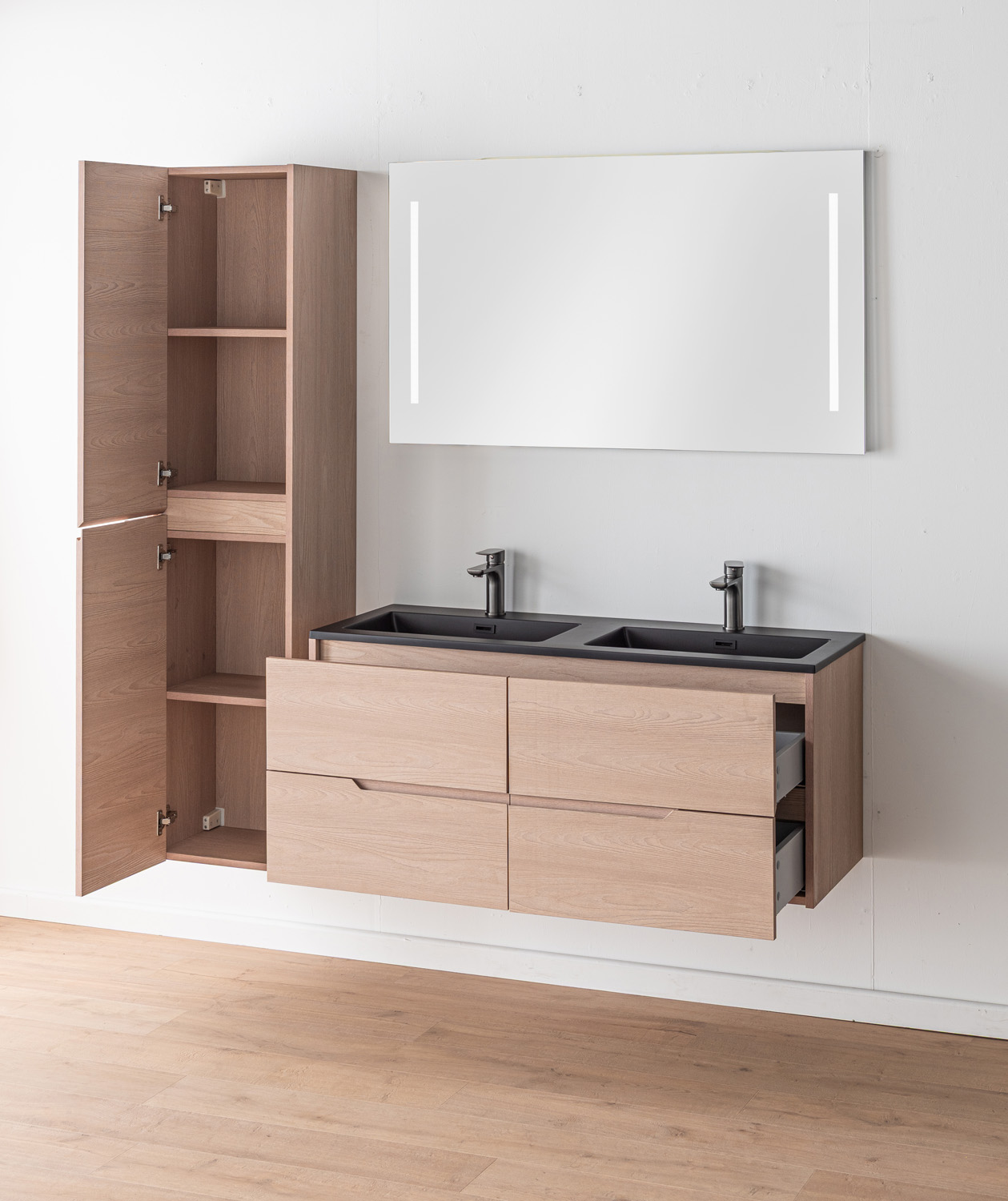 Badkamermeubel Tiago Nordic eik hangend met dubbele wastafel mat zwart 120cm