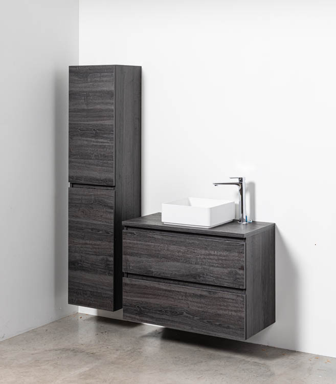 Meuble de salle de bains Dotan chêne foncé suspendu avec plateau en mélamine 90cm