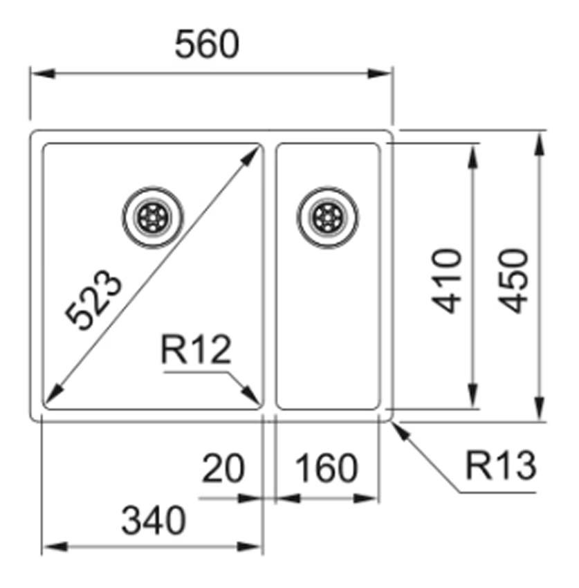 Spoelbak Franke Box inox 1,5 bak 56x45cm links