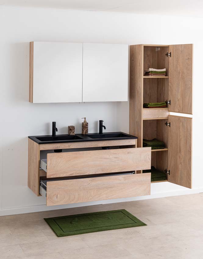 Badkamermeubel Tibo mediterraanse eik met dubbele wastafel mat zwart 120cm