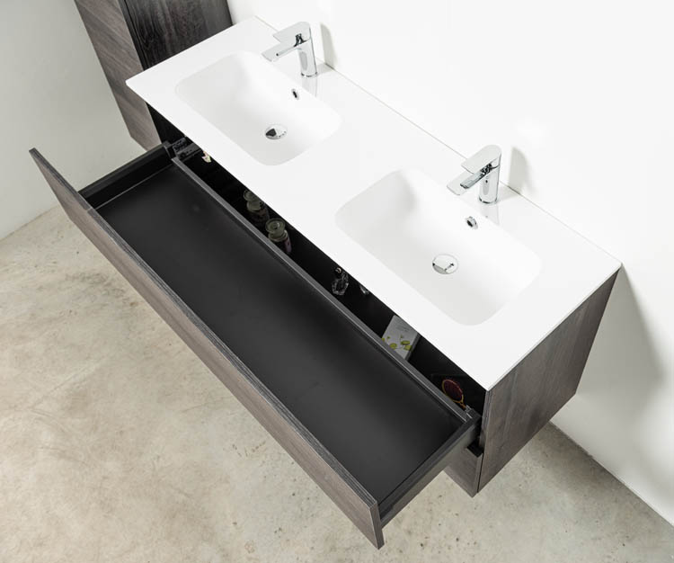 Meuble de salle de bains Dotan chêne foncé suspendu avec lavabo double blanc mat 140cm