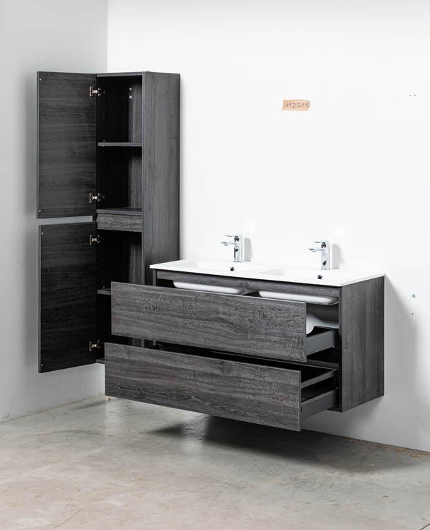 Badkamermeubel Dotan donkere eik hangend met dubbele porseleinen wastafel glanzend wit 120cm