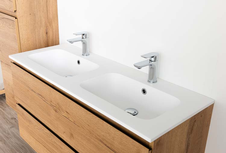 Meuble de salle de bains Daria chêne brun doré suspendu avec lavabo double blanc mat 120cm