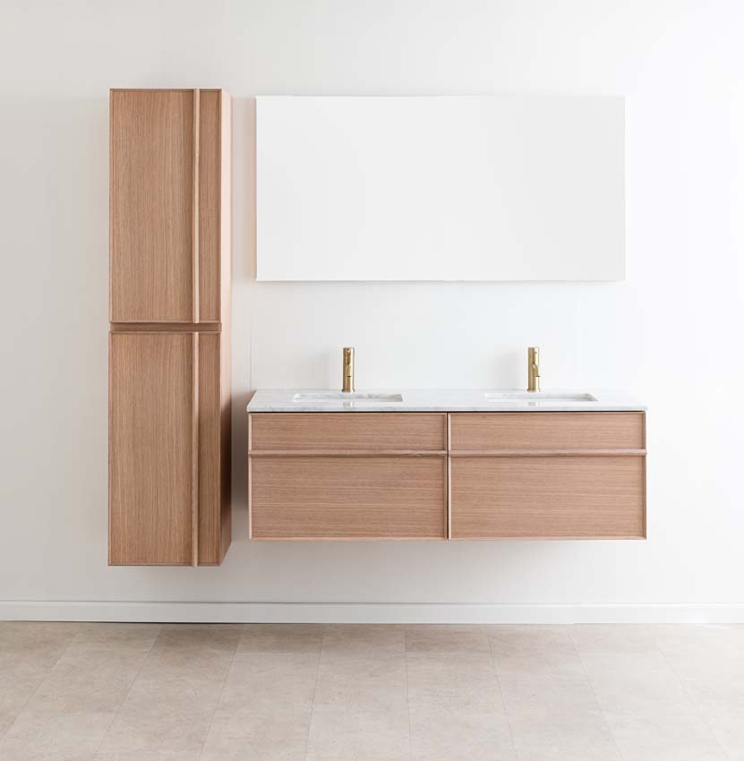 Badkamermeubel Felix eik hangend met dubbele wastafel carrara 140cm