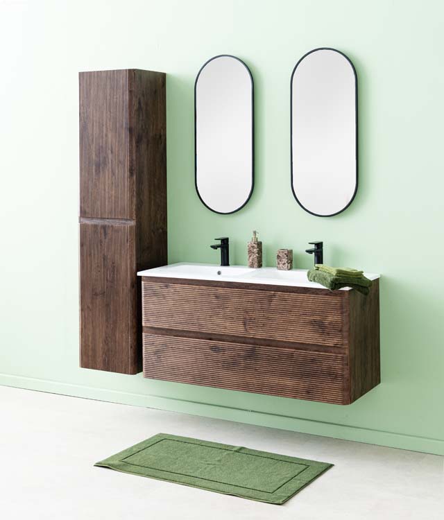 Meuble de salle de bain Jelte noyer 2 tiroirs 1200 mm lavabo blanc mat Meuble de salle de bain Jelte noyer 2 tiroirs 1200 mm lavabo blanc mat