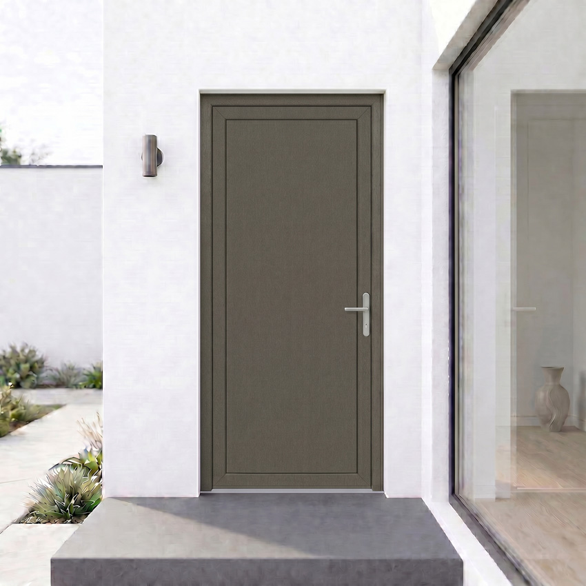 Porte extérieure panneau lisse PVC gris quartz/blanc 980x2180mm ouvrant à droite