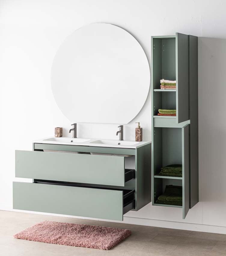 Meuble de salle de bain Dotan eucalyptus vert avec double lavabo blanc mat 120cm