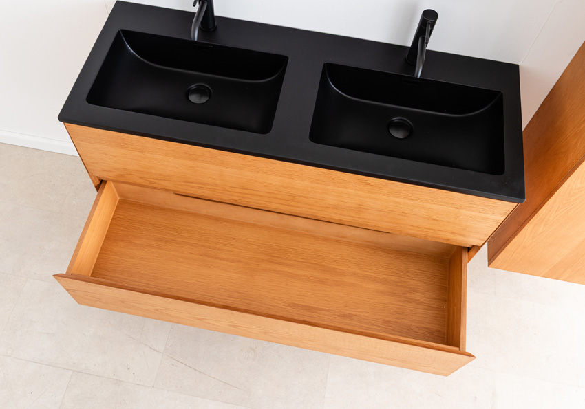 Badkamermeubel Fior eik hangend met dubbele wastafel mat zwart 120cm