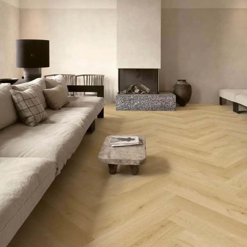 Stratifié Quick-Step Impressive Design 8mm chevrons chêne cardamome 65,5x13,1cm