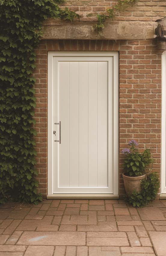 Porte extérieure Deceuninck PVC panneau à planchettes planes blanc 980x2180mm poussant à droite