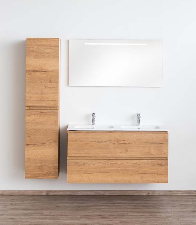 Badkamermeubel Daria eik goudbruin hangend met dubbele wastafel glanzend wit 120cm