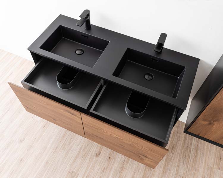 Meuble de salle de bains Justin noyer suspendu avec lavabo double noir mat 120cm