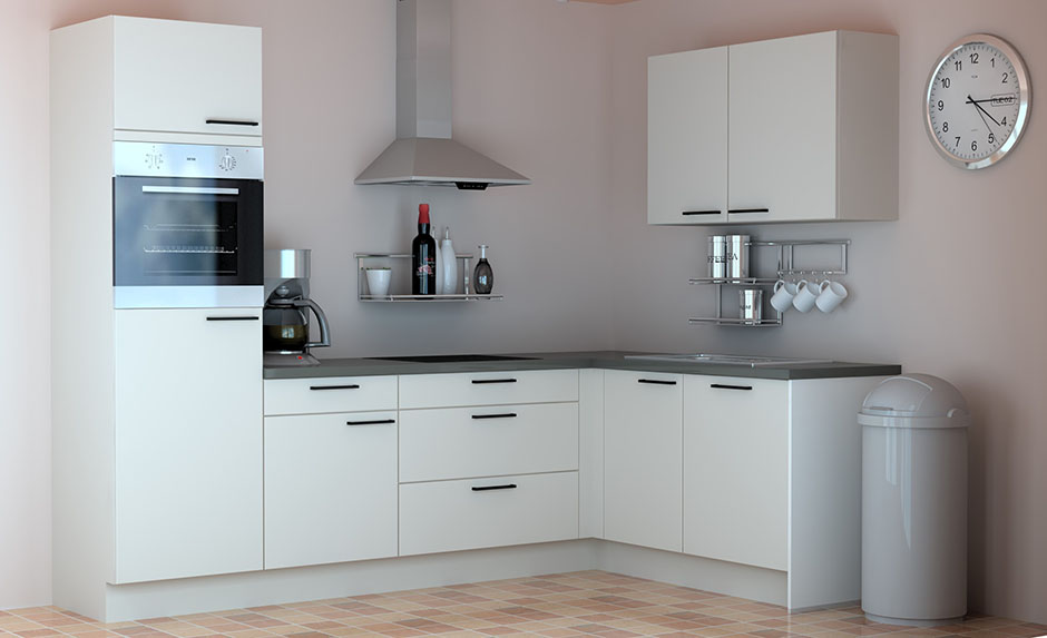 Cuisine d'angle Premium 13 blanche 275x175cm - pré-montée - avec appareils - plaque de cuisson vitrocéramique et hotte murale en inox