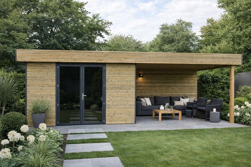 Studio de jardin Amelia L + terrasse bois de pin naturel 770x300x236cm double porte