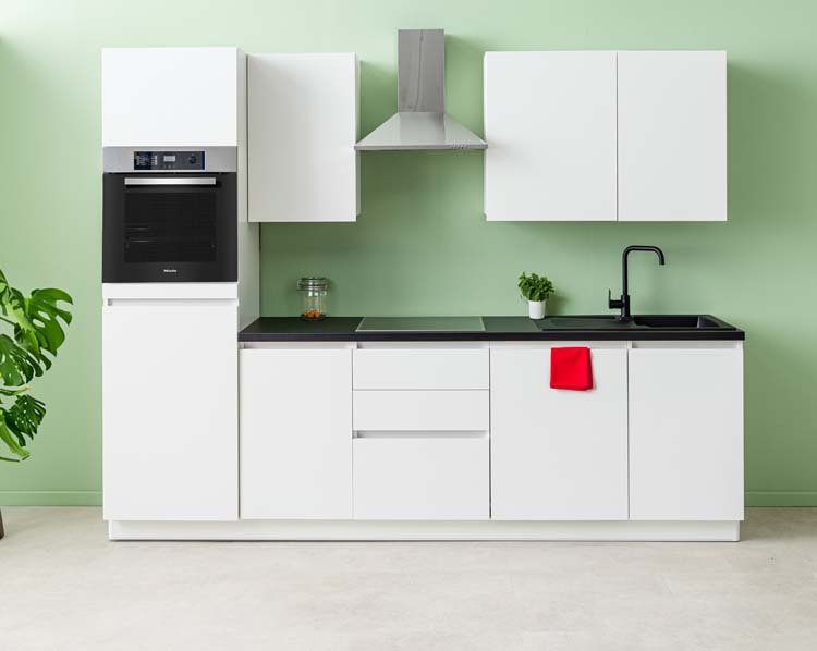 Cuisine Plenti noir/aspect bois 280cm - tirroirs et hotte murale en inox - avec appareils