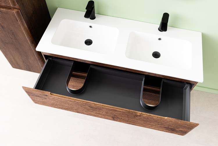 Badkamermeubel Jelte notelaar hangend met dubbele wastafel mat wit 120cm