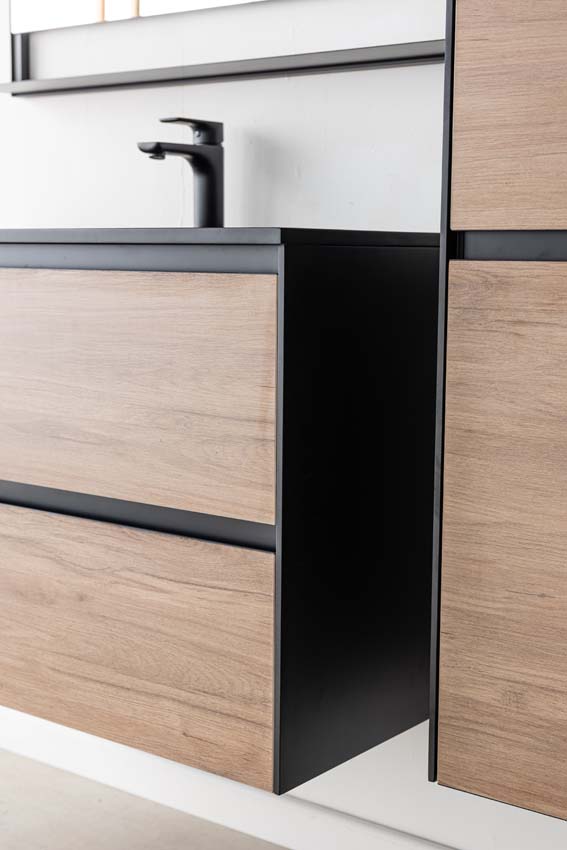 Badkamermeubel Molly houtlook hangend met enkele wastafel mat zwart 90cm Badkamermeubel Molly houtlook hangend met enkele wastafel mat zwart 90cm