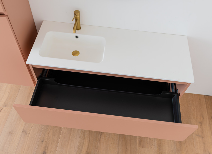 Badkamermeubel Dotan abrikoos hangend met enkele wastafel links mat wit 120cm