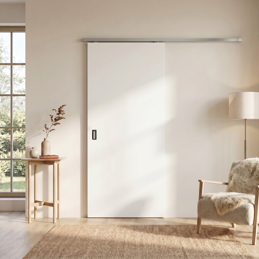 Porte coulissante simple à peindre complète 93x211,5cm tubulaire + rail acier inoxydable