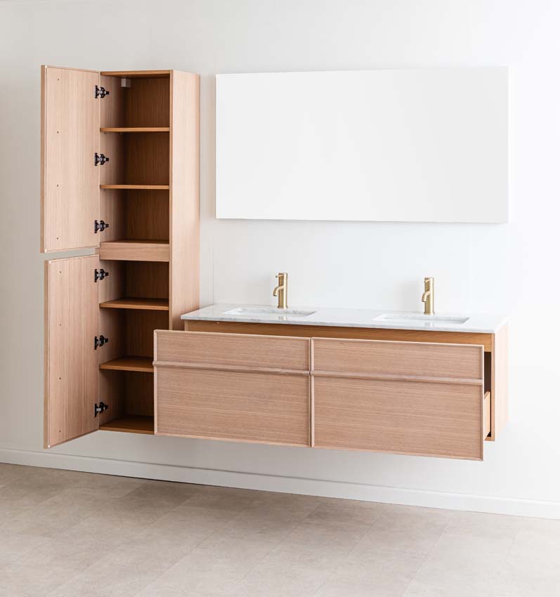 Meuble de salle de bains Felix chêne suspendu avec lavabo double effet marbre carrara 140cm