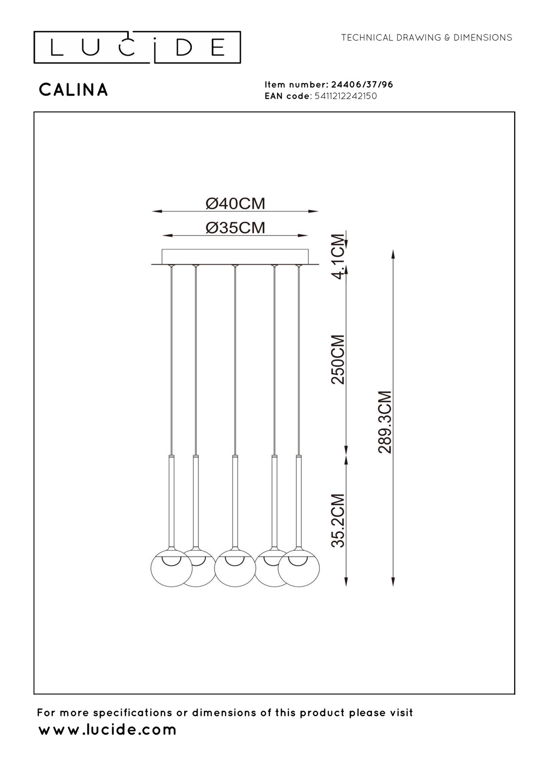 Lucide Premium Calina - Suspension - Ø41,9cm - LED Dim. - CCT - 5X8,2W 2200K/3300K - Avec module LED remplaçable - Ambre