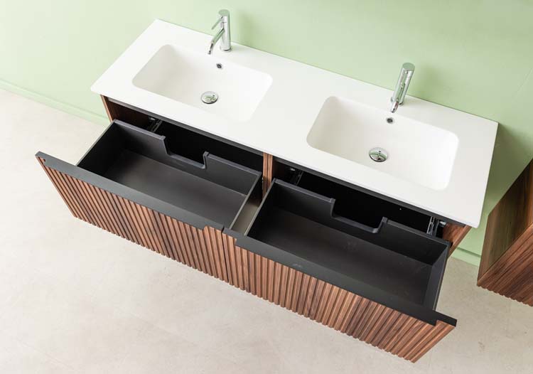 Meuble de salle de bains Soetkin noyer suspendu avec lavabo double blanc mat 140cm