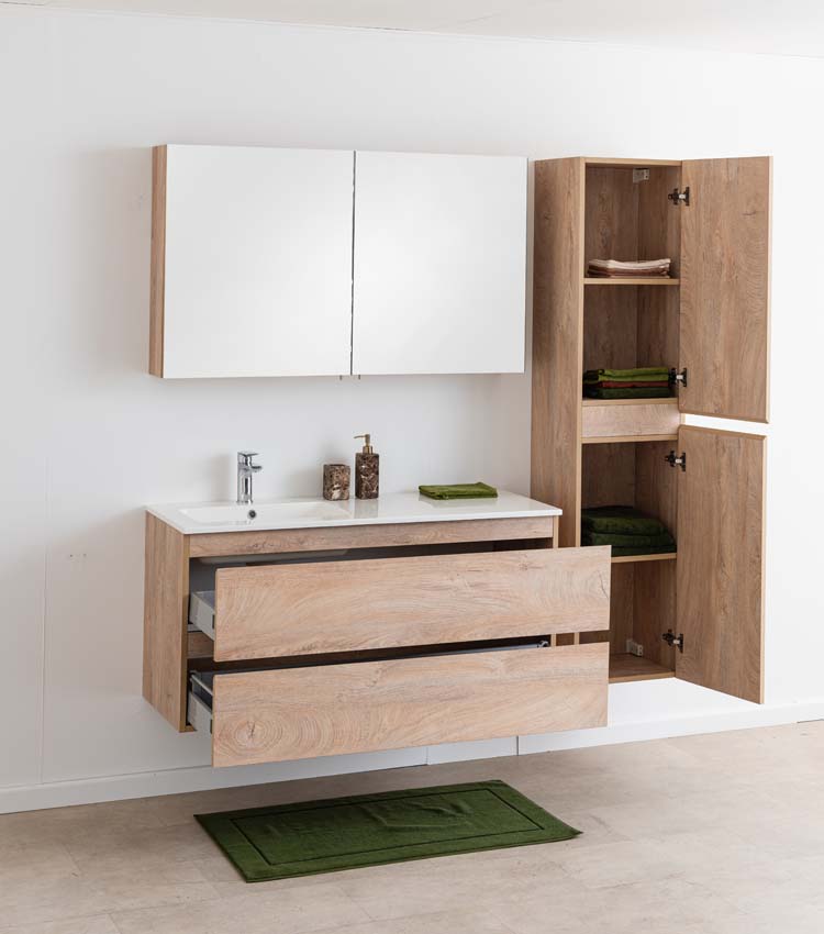 Meuble de salle de bain Tibo en chêne méditerranéen avec vasque simple blanc brillant 120cm