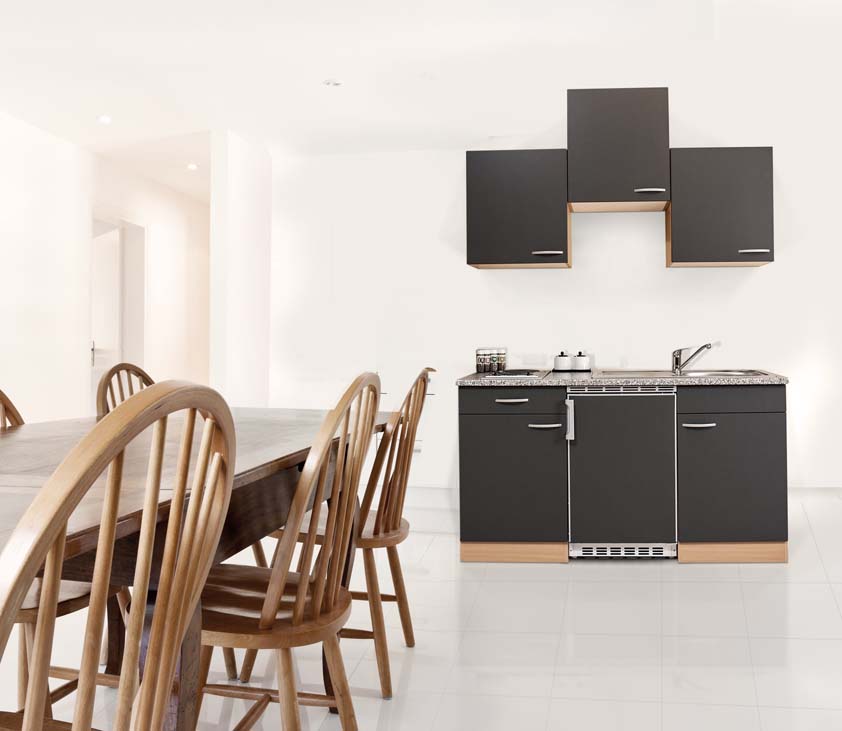 Keuken grijs/beuk 150cm - met inox kookplaat en koelkast met vriesvak