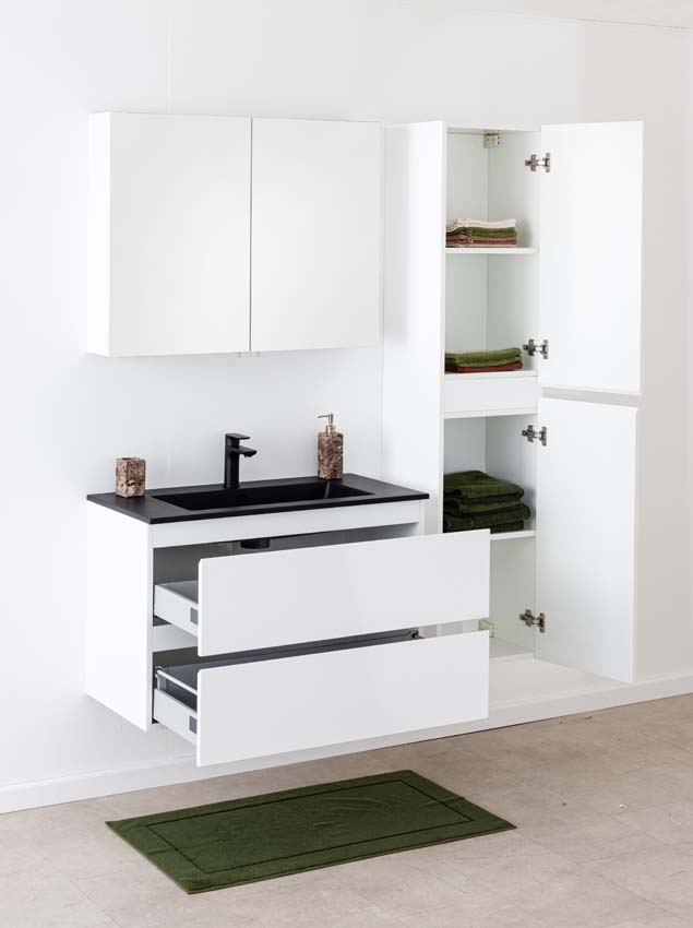 Badkamermeubel Tibo wit met enkele wastafel mat zwart 90cm