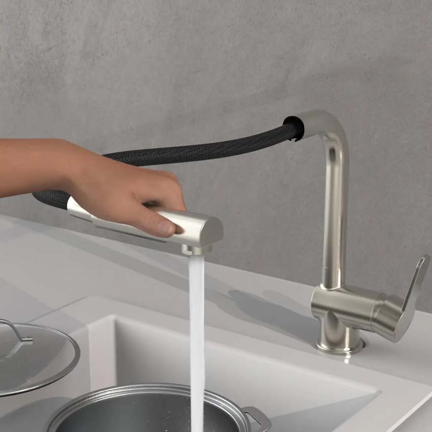 Keukenkraan Levi inox-look met uittrekbare uitloop