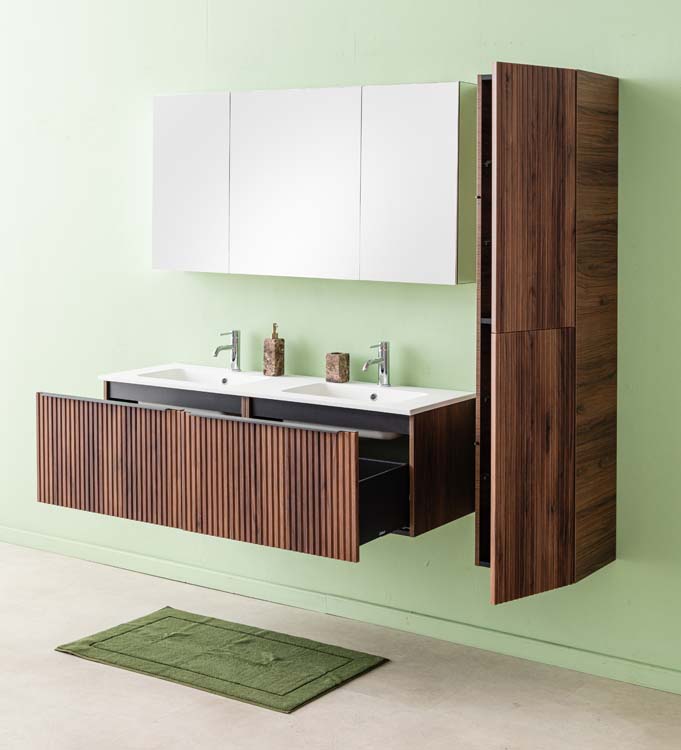 Meuble de salle de bains Soetkin noyer suspendu avec lavabo double blanc mat 140cm