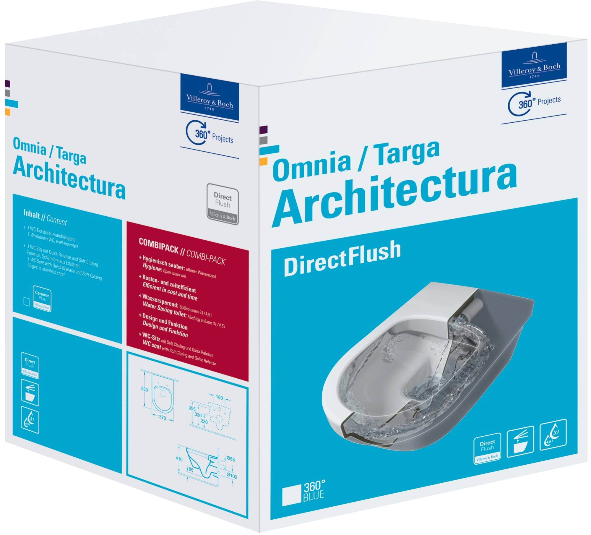 Toilette suspendue Villeroy & Boch Omnia Architectura sans rebord à chasse d'eau directe blanche avec siège de WC