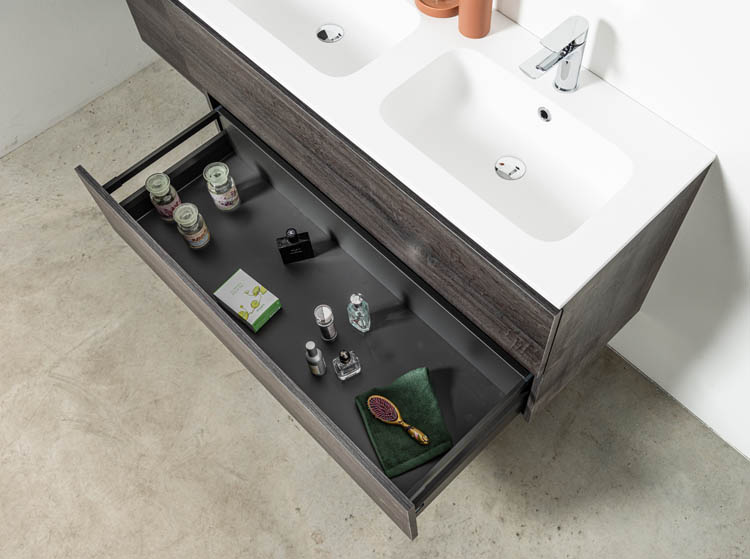 Meuble de salle de bains Dotan chêne foncé suspendu avec lavabo double blanc mat 120cm