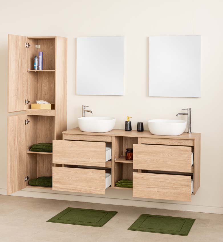 Meuble de salle de bains Bella chêne suspendu avec double vasque à poser blanc mat 150cm