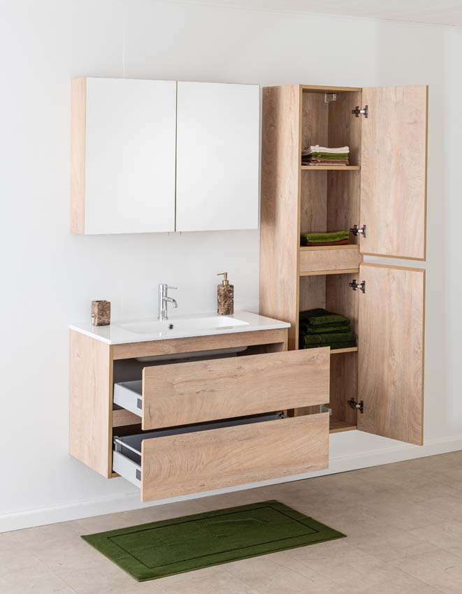 Meuble de salle de bain Tibo en chêne méditerranéen avec lavabo simple blanc brillant 90cm