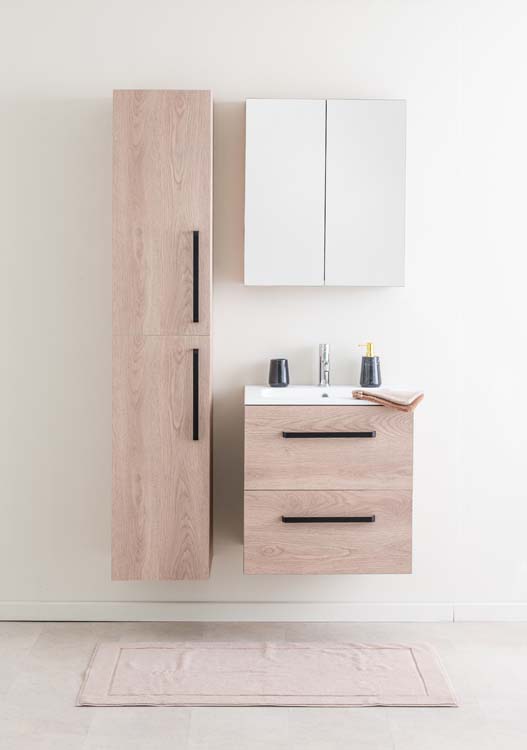 Badkamermeubel Bison eik hangend met enkele wastafel glanzend wit 60cm