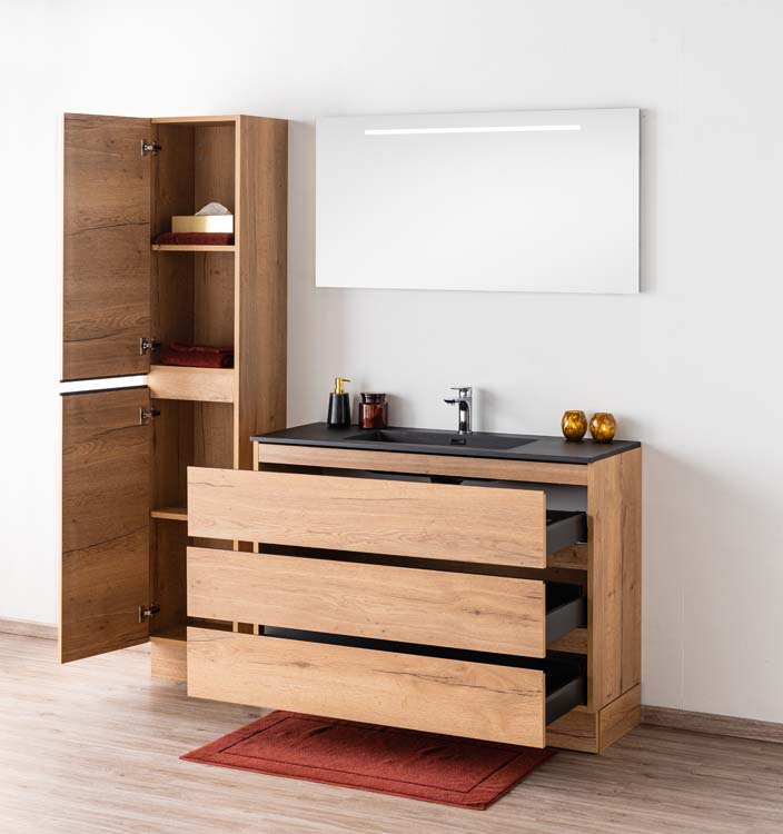 Badkamermeubel Daria eik goudbruin staand met enkele wastafel mat zwart 120cm Badkamermeubel Daria eik goudbruin staand met enkele wastafel mat zwart 120cm