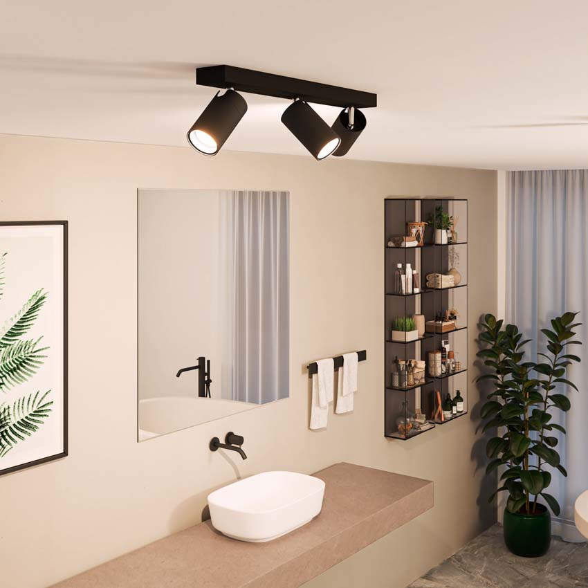 Spot plafond salle de bains noir 3 spots ronde IP44